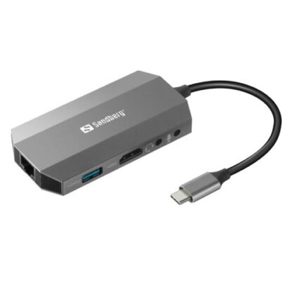 01042024660b4582ab219 Sandberg (136-33) USB-C 6-in-1 Travel Dock - USB-C (up to 100W), HDMI, 2x USB 3.0, RJ45, Headphone, Microphone, SD/Micro SD/TF Card, Aluminium, 5 Year Warranty - Black Antler