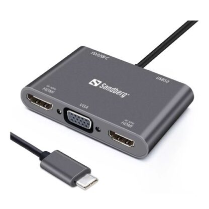 01042024660b458317ab6 Sandberg (136-35) USB-C 5-in-1 Docking Station - USB-C (up to 100W), 2 x HDMI, VGA, USB-A, Aluminium, 5 Year Warranty - Black Antler