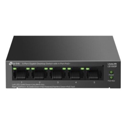 02042024660b5a45d2b80 TP-LINK (LS105GP) 5-Port Gigabit Desktop LiteWave Switch with 4-Port PoE+, Metal Casing - Black Antler