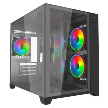 0207202466844de3315e4 Vida Akira V2 Black ARGB Gaming Case w/ Glass Front & Side, Micro ATX, 3x ARGB Fans, 6-Port PWM ARGB Fan Hub & Remote Control - Black Antler