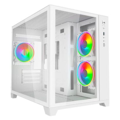 0207202466844de3c7e66 Vida Akira V2 White ARGB Gaming Case w/ Glass Front & Side, Micro ATX, 3x ARGB Fans, 6-Port PWM ARGB Fan Hub & Remote Control - Black Antler