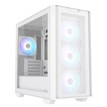 23072024669f72e14e479 Asus A21 Plus ARGB Gaming Case w/ Glass Window, Micro ATX, 4x ARGB Fans, 380mm GPU & 360mm Radiator Support, Asus BTF Compatible, White - Black Antler