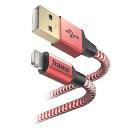 3107202466aa856b6aec1 Hama Reflective Charging USB-A to Lightning Cable, 480Mbps, Nylon Sheath, Gold-Plated, 1.5 Metre, Red - Black Antler