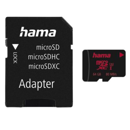 0508202466b116fd4da0a Hama 64GB MicroSDXC Card with SD Adapter, UHS-I Class 3, 80MB/s - Black Antler