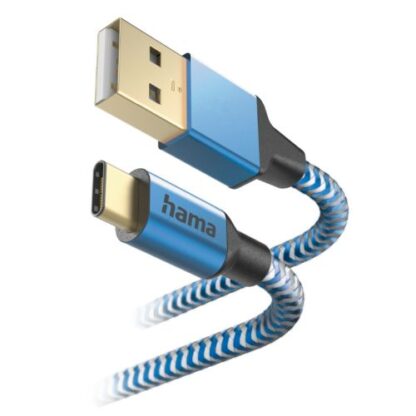 0808202466b420e76aac6 Hama Reflective USB-A to USB-C Quick Charging Cable, USB 2.0, Nylon Sheath, Gold-Plated, 1.5 Metre, Blue - Black Antler