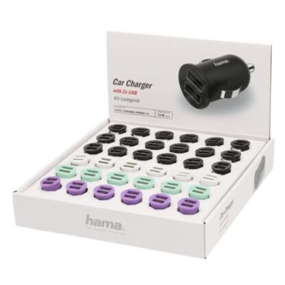 0908202466b6396469cce Hama Dual USB-A Car Chargers x36 Multipack, 12W, Various Colours, Display Case - Black Antler