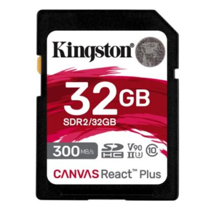 2308202466c88d9145458 Kingston 32GB Canvas React Plus SDXC Card, UHS-II Class 10, U3, For 8K/3D/VR Videos/Photos, R/W 300/260MB/s - Black Antler