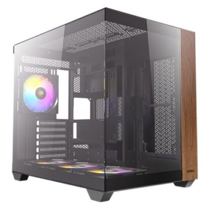 1009202466e0621b390f6 Antec CX800 Wood ARGB Dual Chamber Gaming Case w/ Glass Side & Front, ATX, 4x RGB Fans, LED Button, USB-C, Asus BTF Compatible, Black/Wood - Black Antler