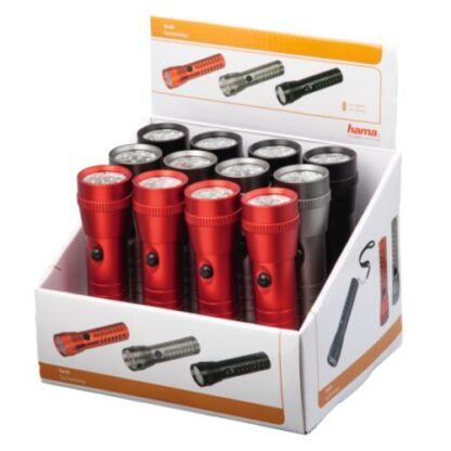 051020246701464ec8457 Hama FL-200 LED Torch x12 Multipack, 60 Lumen, Hand Strap, Black/Grey/Red, Display Case - Black Antler