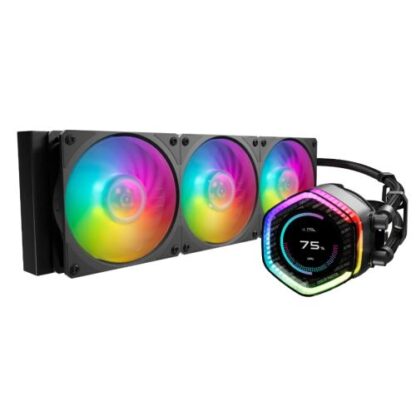 0810202467053e0a06f26 Cooler Master MasterLiquid 360 ION ARGB Liquid CPU Cooler, 360mm, Dual Chamber Design, 3 x Mobius ARGB Fans, Customisable LCD Display, Black - Black Antler