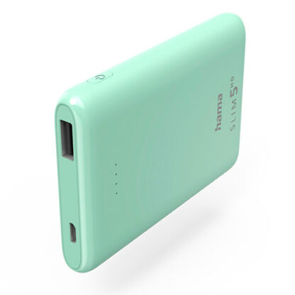 221020246717f9660ee70 Hama SLIM 5HD 5000mAh Fast Charge Powerbank, 1x USB-A, LED Capacity Indicator, Mint Green - Black Antler