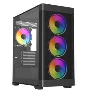 Vida Zephyr V2 Black ARGB Gaming Case w/ Glass Window, Micro ATX, 4x ARGB PWM Fans, 6-Port ARGB Fan Hub & Remote Control, Mesh Front